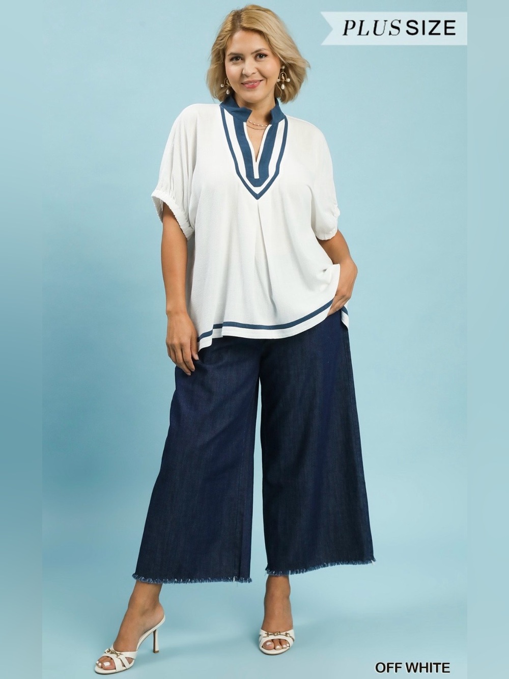 New! Umgee Linen Contrast Trim V-Neck Blouse Plus Size 2X